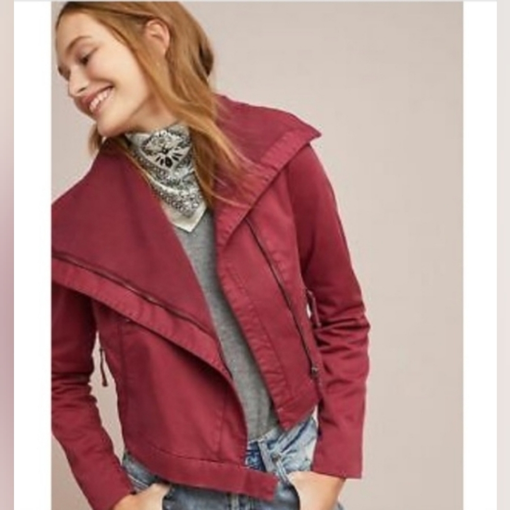 Anthropologie Marrakech MCMCC Asymmetrical Maroon Denim Moto Jacket Size XS